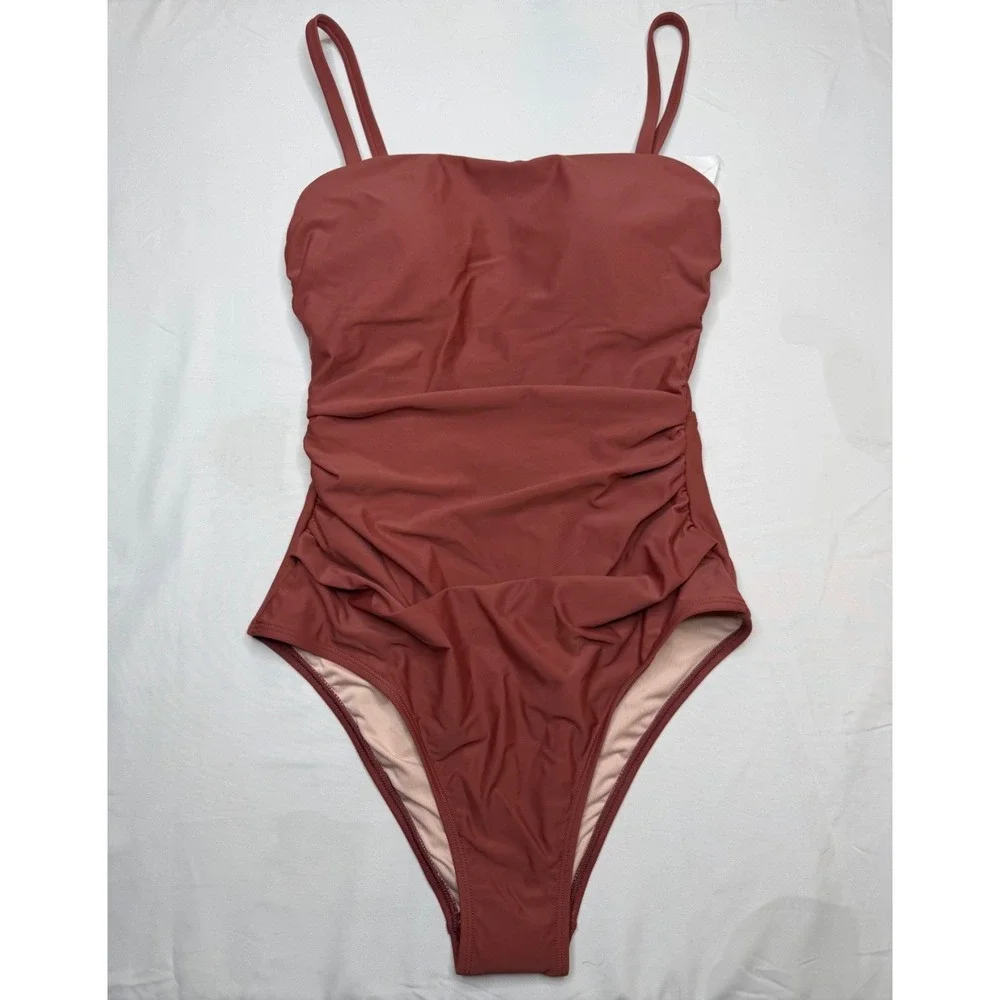 Cupshe Sandy Daze Shirred Ruched One Piece Swimsuit Brick Red NWT S
